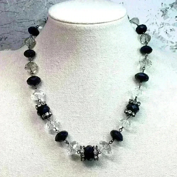 Vintage Liz Claiborne Glass and Acrylic Beaded Necklace with Clear & Black Beads - Picture 1 of 4